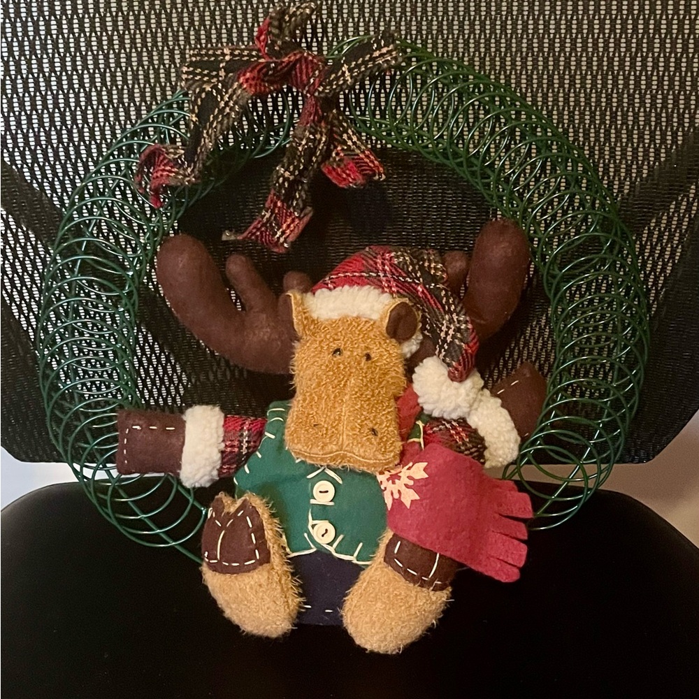 Festive Moose Card Holder with Green and Red Accents 13”